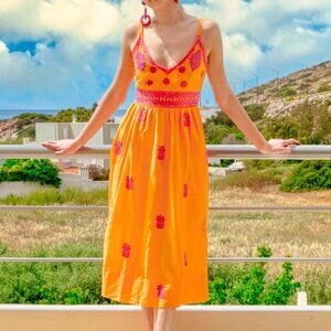 Gretchen Scott Midi Dress, Orange with Pink Embroidery, Sz Small NWT